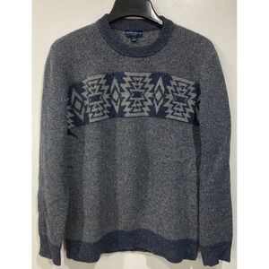 Peter Millar Merino Wool Light Gray/Blue Sweater Aztec Design Size LARGE